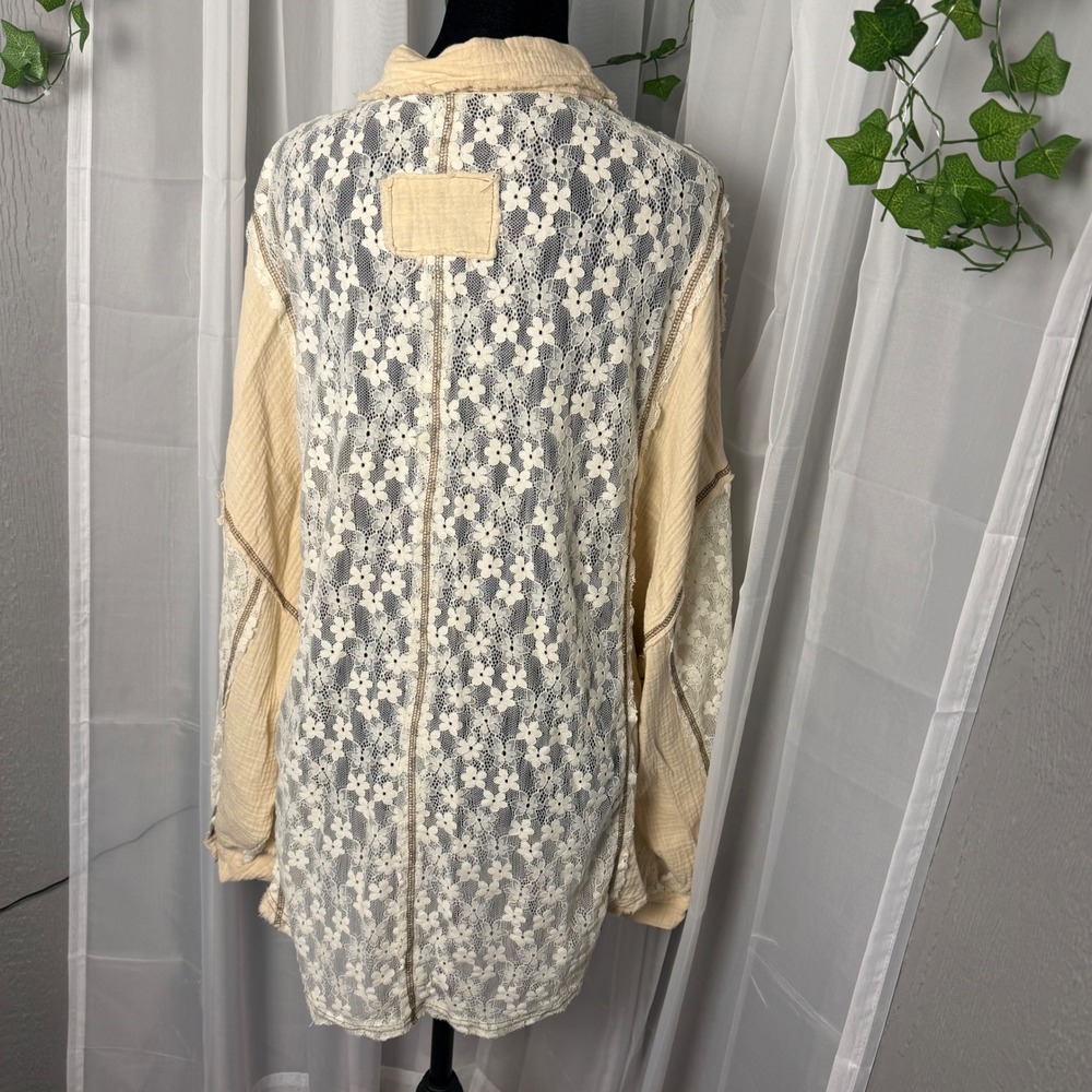 POL Womens Tan Lace Mixed Media Button Down Shirt Oversized Raw Hem M - Picture 4 of 10